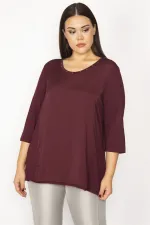 Kadın Mürdüm Yakası Taş Detaylı Kapri Kollu Bluz 65N29285