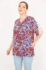 Kadın Mavi Büyük Beden Dokuma Viskon Kumaş Kolları Dantel Detaylı V Yakalı Bluz