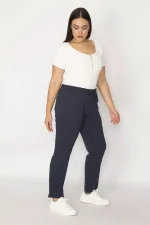 Kadın Lacivert Pamuklu Kumaş Beli Lastik Ve Bağcık Detaylı Yan Spor Pantolon 65N29223