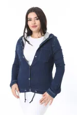 Women's Plus Size Navy Blue Snap Button Hooded Denim Coat 65N38380