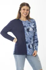 Kadın Büyük Beden Lacivert Bisiklet Yakalı Desenli Bluz 65N37027
