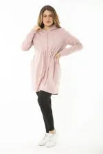 Kadın Büyük Beden Pembe Kapşonlu Belden Büzgü Bağcıklı Sweatshirt 65N37119