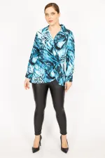 Kadın Mavi Büyük Beden Çıtçıt Kapama Anvelop Ön Büzgülü Tunik