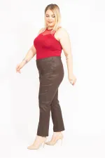 Kadın Kahve Büyük Beden Suni Deri Gizli Kemer Cepsiz Pantolon 65N35581