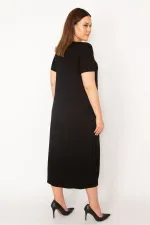 KADIN SİYAH NAKIŞ DETAYLI CEPLİ VİSKON ELBİSE