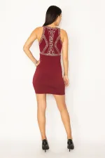 KADIN BORDO TAŞ DETAYLI HALTER YAKA ABİYE ELBİSE