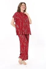 Kadın Büyük Beden Bordo Ön Düğmeli Bluz Beli Lastikli Panyolon İkili Takım 65N37971