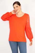 Kadın Nar Büyük Beden Kolları Tül Dantel Detaylı Tunik