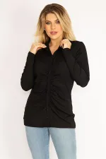 Kadın Siyah Ön Düğmeli Büzgü Detaylı Likralı Bluz 65N34856