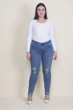 Kadın Mavi Yırtık Detaylı Likralı Kot Skinny Pantolon 65N35338