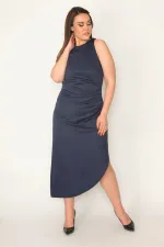 ROBE BLEU MARINE POUR FEMME AVEC PLIS À LA TAILLE ET FERMETURE ÉCLAIR DOS CACHÉE