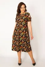 Kadın Renkli Omuz Dekolteli Çiçek Desenli Elbise 65N33598