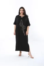 Kadın Büyük Beden Siyah Rahat Kesim Taş Detaylı Elbise 65N38202