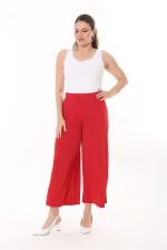 Kadın Büyük Beden Kırmızı Geniş Paçalı Beli Lastikli Likralı Sandy Kumaş Pantolon 65N37443
