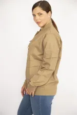 Women's Camel Plus Size Front Zippered Pocket Detailed Unlined Coat