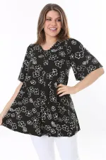 Kadın Büyük Beden Siyah Önü A Pileli V Yakalı Tunik 65N37793