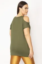 Kadın Haki Nakış Detaylı Omuz Dekolteli Viskon Bluz 65N29507