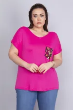 Kadın Fuşya Cebi Yazma Desen Tül Detaylı Düşük Kol Viskon Bluz 65N22702