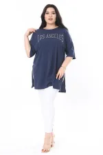 Kadın Büyük Beden Lacivert Sim Detaylı Bisiklet Yaka Yan Yırtmaçlı Kısa Kollu Bluz