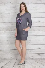 KADIN GRİ ÖN BASKILI CEPLİ TUNİK ELBİSE