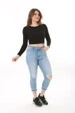 Kadın Büyük Beden Mavi Yırtık Detaylı 5 Cep Likralı Kot Pantolon 65N37601