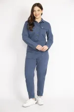 Kadın İndigo Büyük Beden Ön Düğmeli Gabardin Tulum