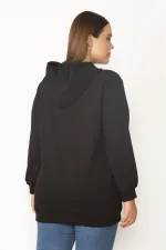 Women's Black Digital Print and Hooded Detailed Side Pocket Sweatshirt 65N30090