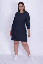 Kadın Lacivert Tensel Kot Yanları Metal Düğme Yırtmaçlı Yan Şeritli Elbise 65N25966