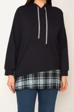 Kadın Kemik Kapşonlu Etek Ucu Ekose Garnili Sweatshirt 65N31947