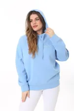 Kadın Büyük Beden Bebe Mavisi İçi Şardonlu 3 İplik Kumaş Kapşonlu Sweatshirt 65N37575