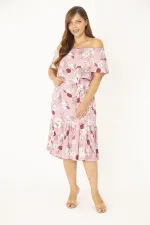 Kadın Büyük Beden Pembe Dokuma Viskon Kumaş Yakası Lastik Ve Volan Detaylı Elbise 65N36783