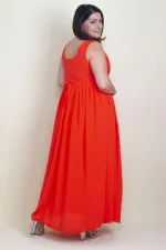 KADIN NAR PİLİSE DETAYLI ASTARLI UZUN KOLSUZ ELBİSE