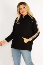 Women's Black Sleeves Gold Stripe Detailed Hooded Kangaroo Pocket Sweatshirt 65N34671