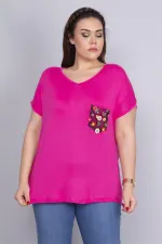 Kadın Fuşya Cebi Yazma Desen Tül Detaylı Düşük Kol Viskon Bluz 65N22702