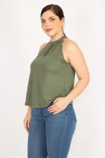 Kadın Haki Büyük Beden Halter Yaka Bluz