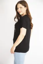 Kadın Siyah Büyük Beden Bisiklet Yaka Taş Detaylı Düşük Kollu Bluz