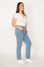 Kadın Büyük Beden Mavi 5 Cepli Çizgili Kot Pantolon 65N36818