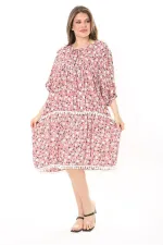Kadın Büyük Beden Pembe Ön Patı Düğmeli Göğüs Büzgü Ve Ponpon Detaylı Elbise 65N37870