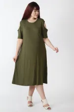 Kadın Haki Omuz Dekolteli Viskon Elbise 65N26131