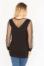 Kadın Mürdüm Yaka Ve Kolları Simli Tül Bluz 65N35185