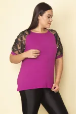 Kadın Fuşya Kolları Tül Payet Detaylı Bluz 65N28746