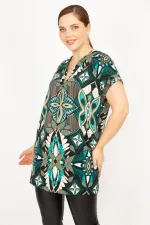 Kadın Yeşil Büyük Beden V Yaka Yan Cepli Düşük Kollu Tunik