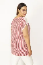 Kadın Kırmızı Ön Robası Dantel Detaylı Düşük Kollu Çizgili Bluz 65N27394