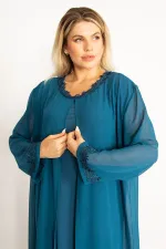 Kadın Füme Şifon Pelerinli Dantel Detaylı Abiye Elbise 65N34506