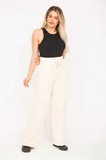Kadın Bej Likralı Scuba Kumaş Beli Geniş Lastik Ve Ütü İzi Dikiş Detaylı Pantolon 65N35275
