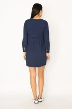 ROBE BLEU MARINE POUR FEMME AVEC POCHES ET PLIS À LA TAILLE