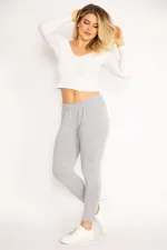 Kadın Gri Paça Fermuar Ve Taş Detaylı Tayt Pantolon 65N34882