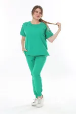 Kadın Büyük Beden Saks Taş Detaylı Kısa Kollu Sweatshirt Pantolon Takım 65N37702