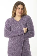 Kadın Büyük Beden Mor Yırtmaçlı Kalın Triko Uzun Hırka 65N37166