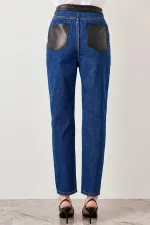 Kadın Mavi , Deri Detaylı , Yüksek Bel Kot Pantolon